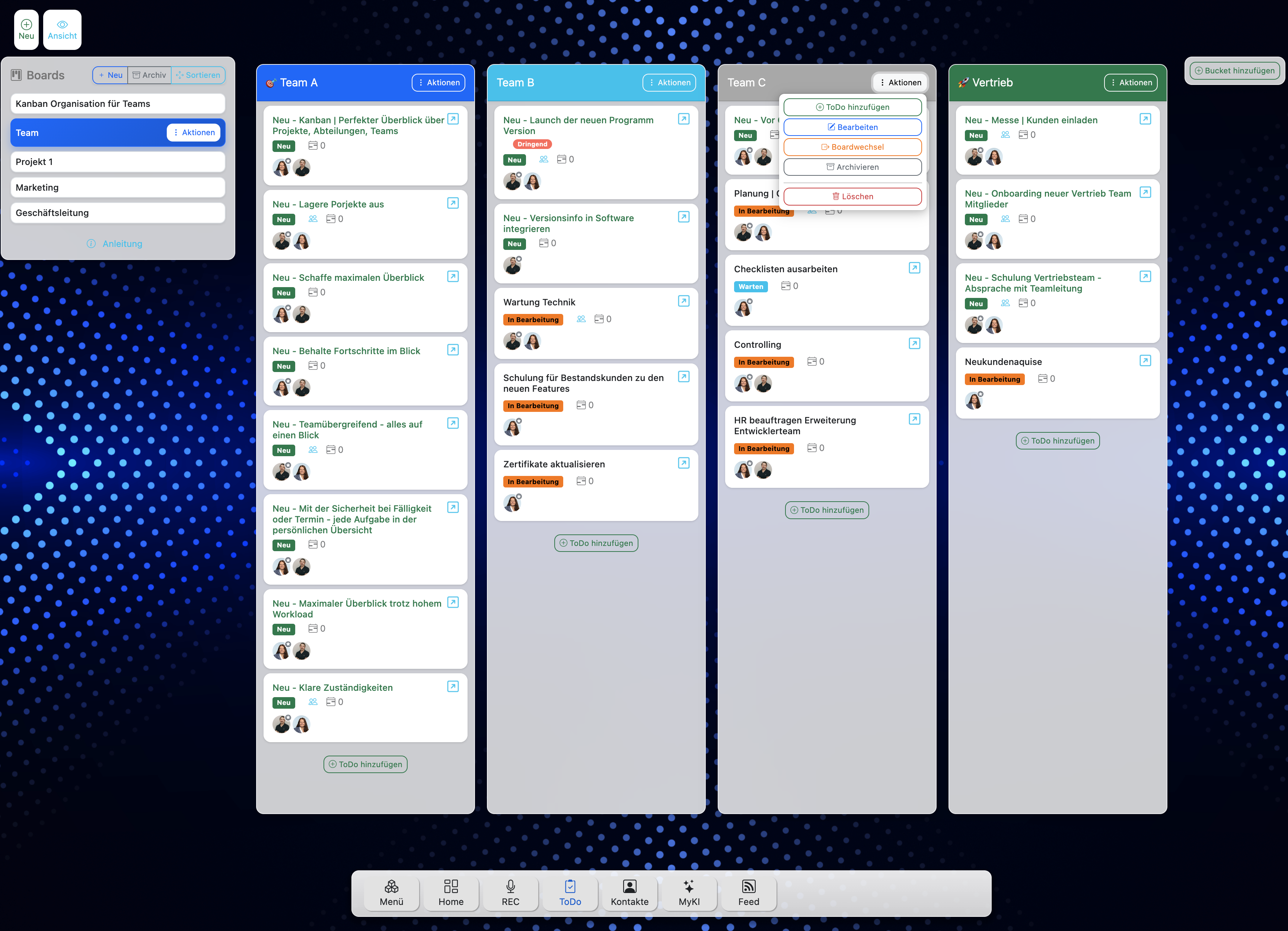 TeamHUB Kanban Board zeigt Aufgaben in den Spalten 'Zu erledigen', 'In Bearbeitung' und 'Erledigt' mit farbcodierten Karten für verschiedene Projekte und Prioritäten